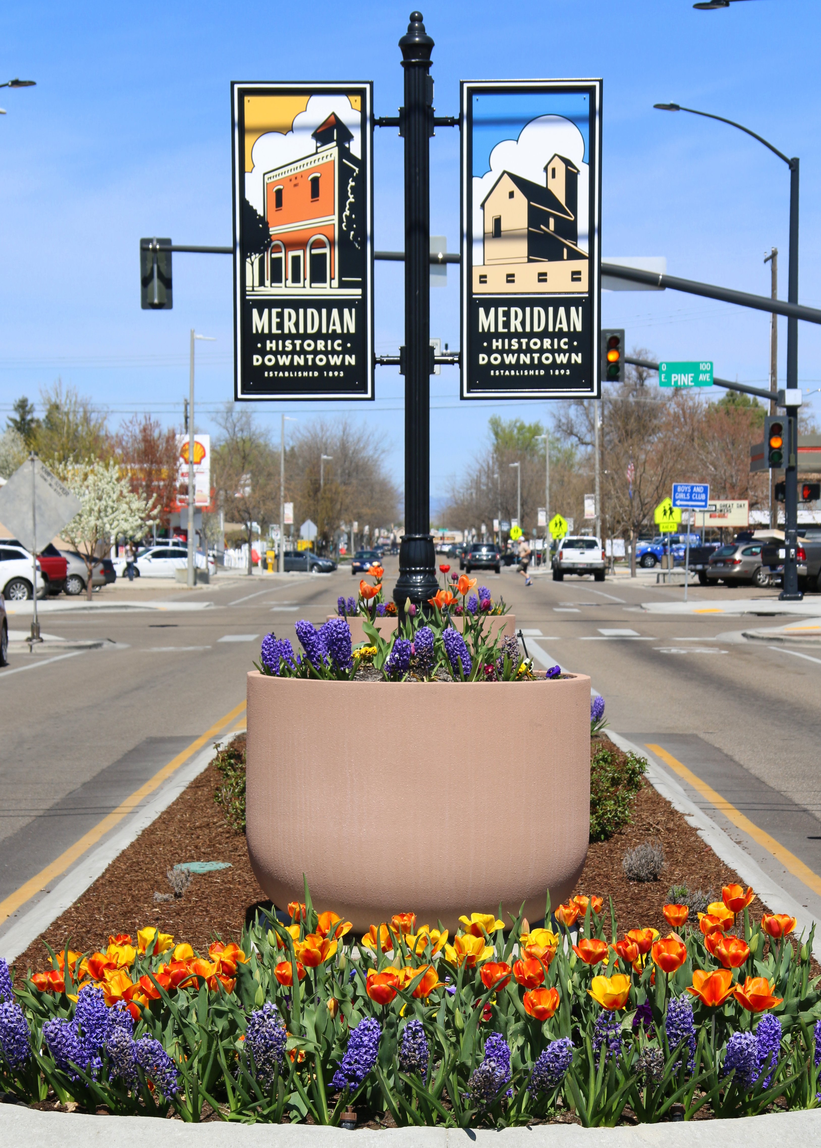 Meridian street banners along Main Street