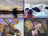 Artwork details, clockwise from upper left: Mary McInnis “West Pond Evening”, Amy Smith “Plums on White Cloth”, Roxana Ferreira “The Quiet Poetry of Time”, Patty Moseley “Idaho Moose”