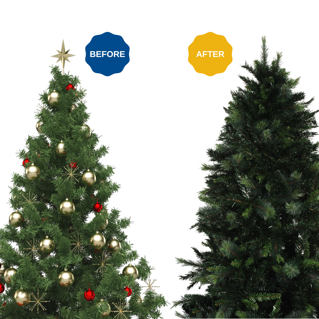 Decorated holiday tree on the left with "Before" next to it and a bare tree on the right with "After" next to it