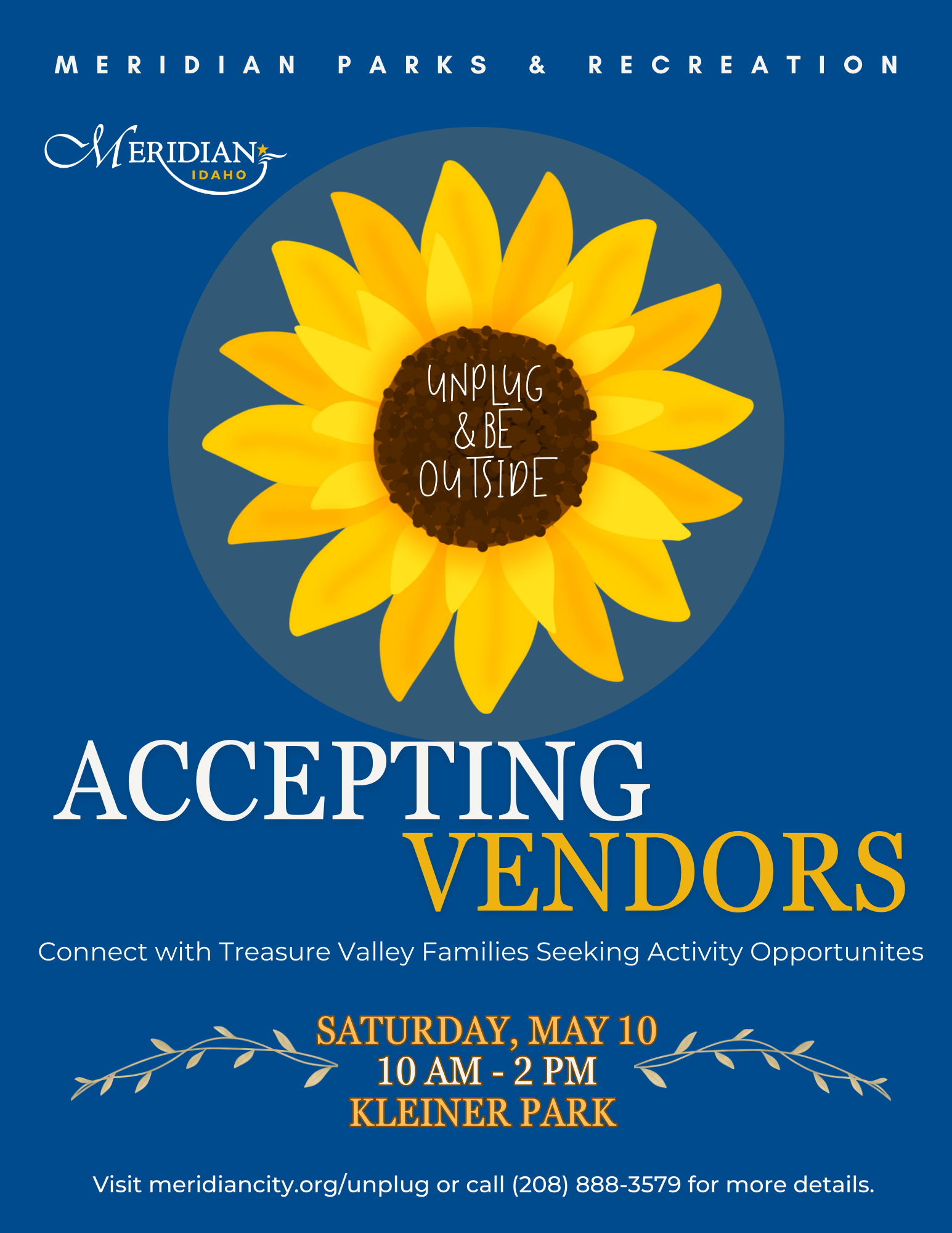 Flier promoting vendors for the Unplug and Be Outside event hosted by Meridian on May 10, 2025 from 10 am to 2 pm